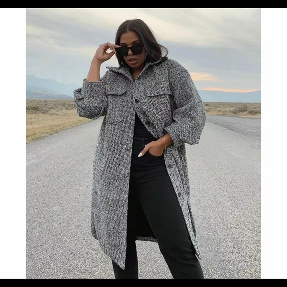 H&M Long Shirt Jacket Black Melange Shacket- - Picture 4 of 5